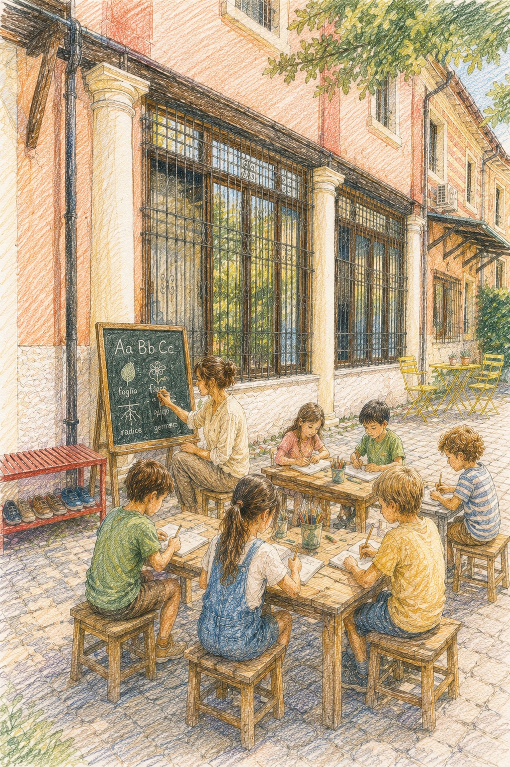 Illustrazione di una lezione all'aperto con bambini nel cortile della villa